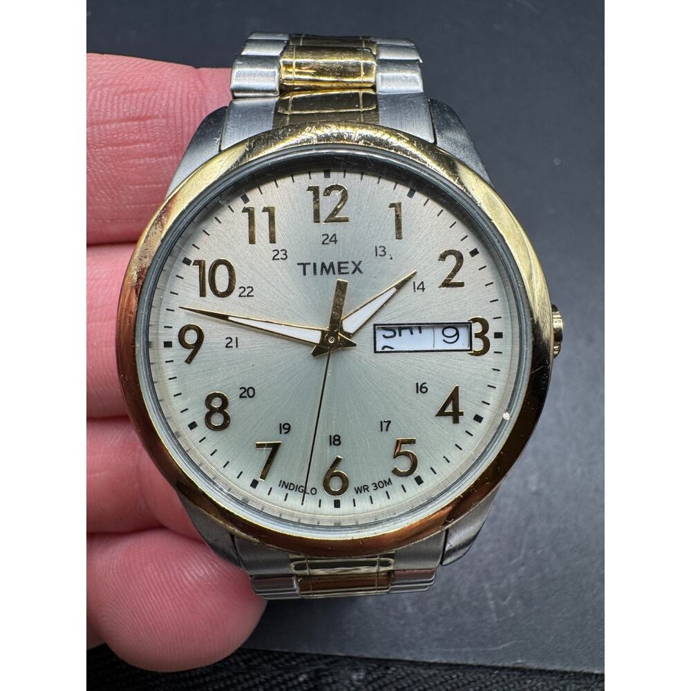 Timex South Street Indiglo Watch Men 36mm Champagne Dial Two Tone Day Date